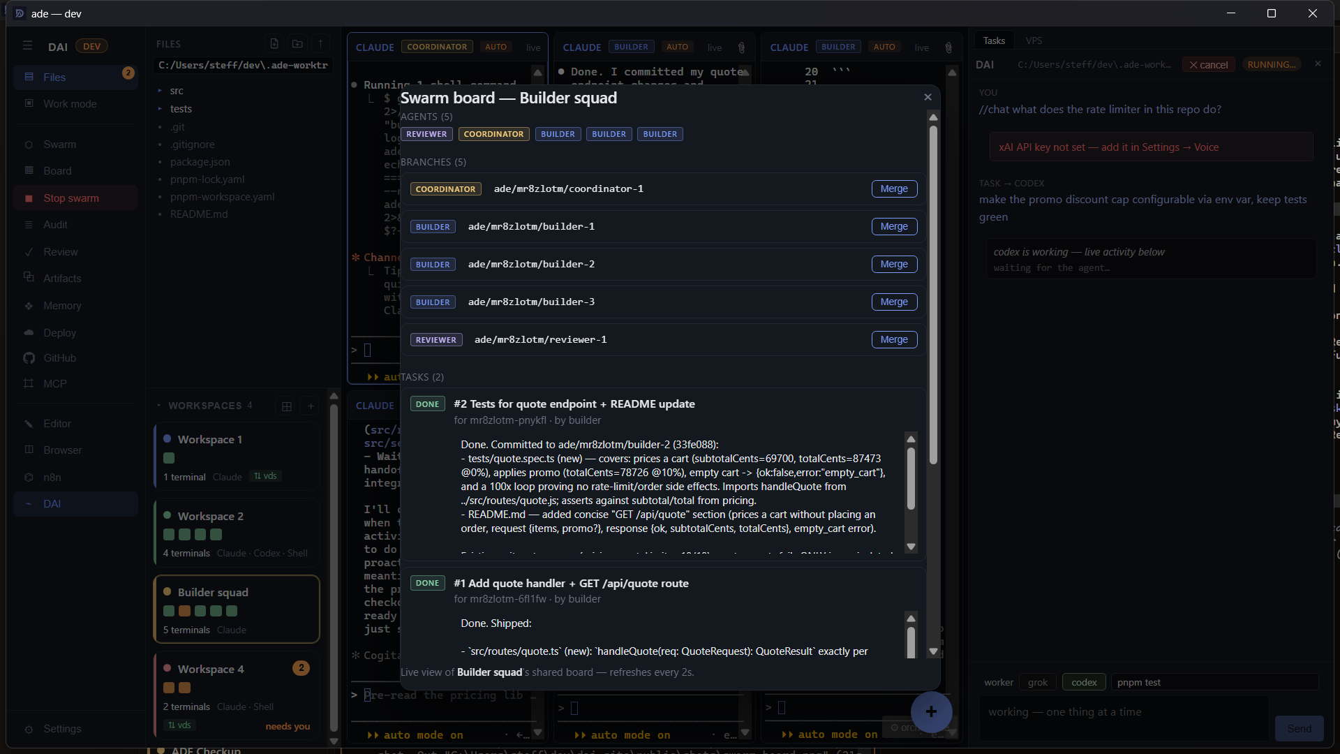 DAI swarm board with five agents, branches and completed tasks